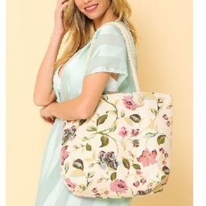 SPRING FLORAL CANVAS TOTE BAG WITH ROPE HANDLES